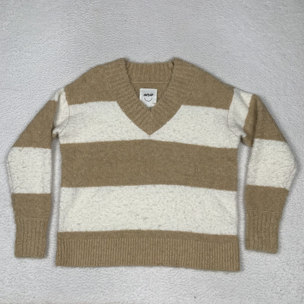 Aerie Oversized Fuzzy Sweater Womens XS Striped V-Neck Cozy Wool Blend Tan White